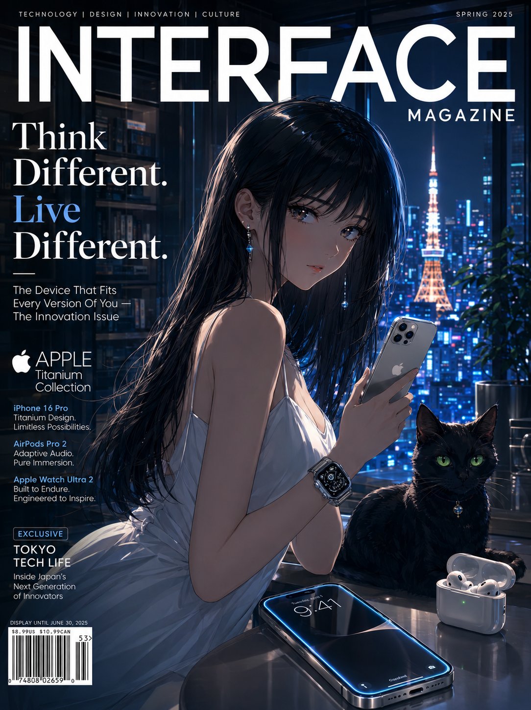 极简主义苹果动漫风格杂志封面设计 / Anime Apple Iphone 16 Pro Magazine Cover,UI 与社交媒体截图,霓虹、电影感、时尚,案例输出图 1