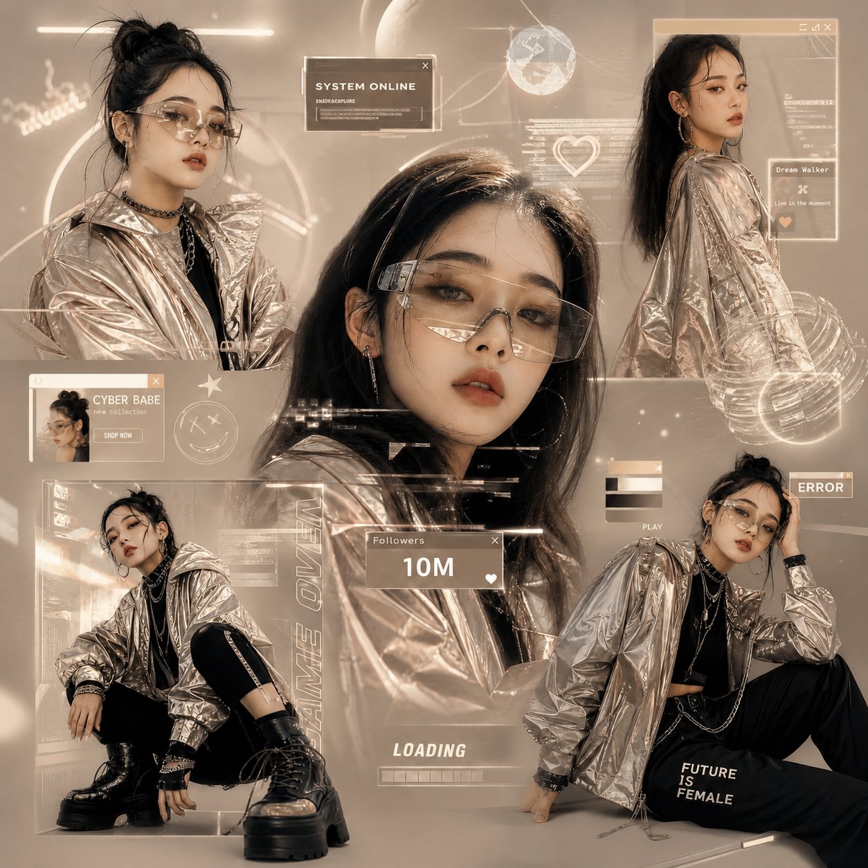 未来主义Z世代韩系街头潮流时尚拼贴 / Futuristic Gen Z Korean Street Fashion Collage,人像与摄影,霓虹、人像、时尚,案例输出图 1