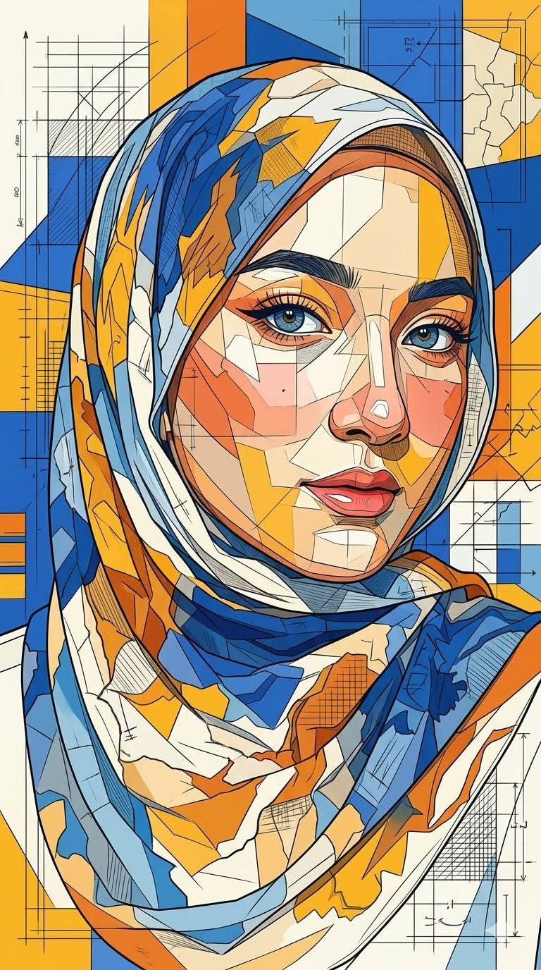 极精细几何马赛克立方主义建筑蓝图肖像 / Ultra Detailed Geometric Mosaic Cubist Portrait,角色设计,人像、时尚、插画,案例输出图 1
