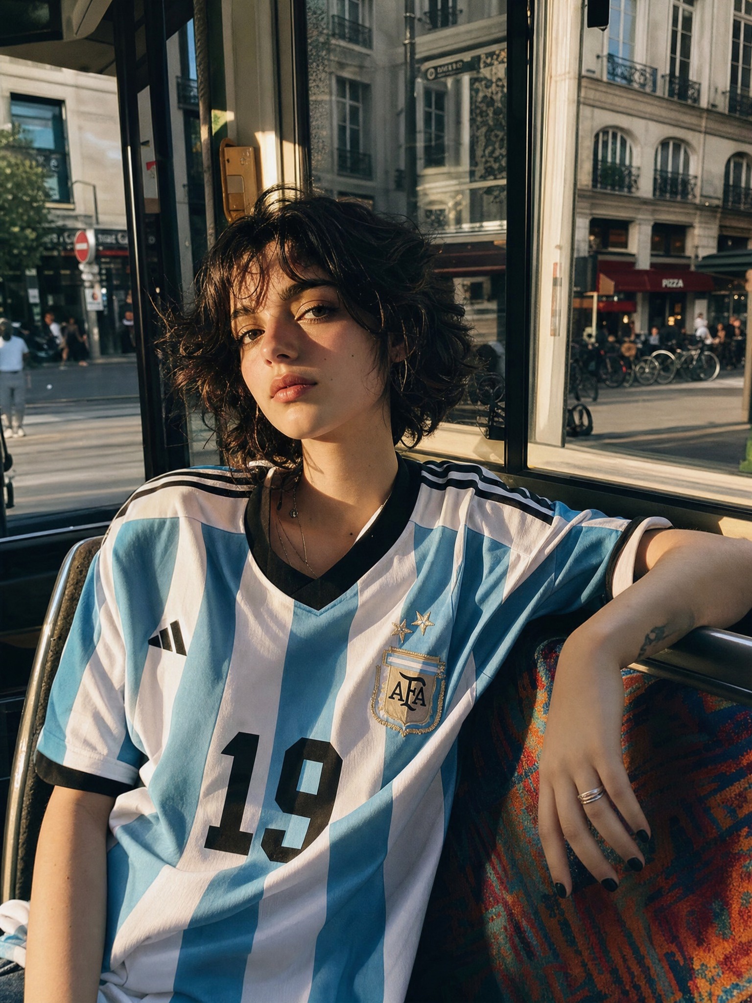 穿阿根廷球衣的年轻人城市公交街拍 / Argentina Jersey Urban Bus Golden Hour Portrait，人像与摄影，35mm、人像、电影感，案例输出图 2