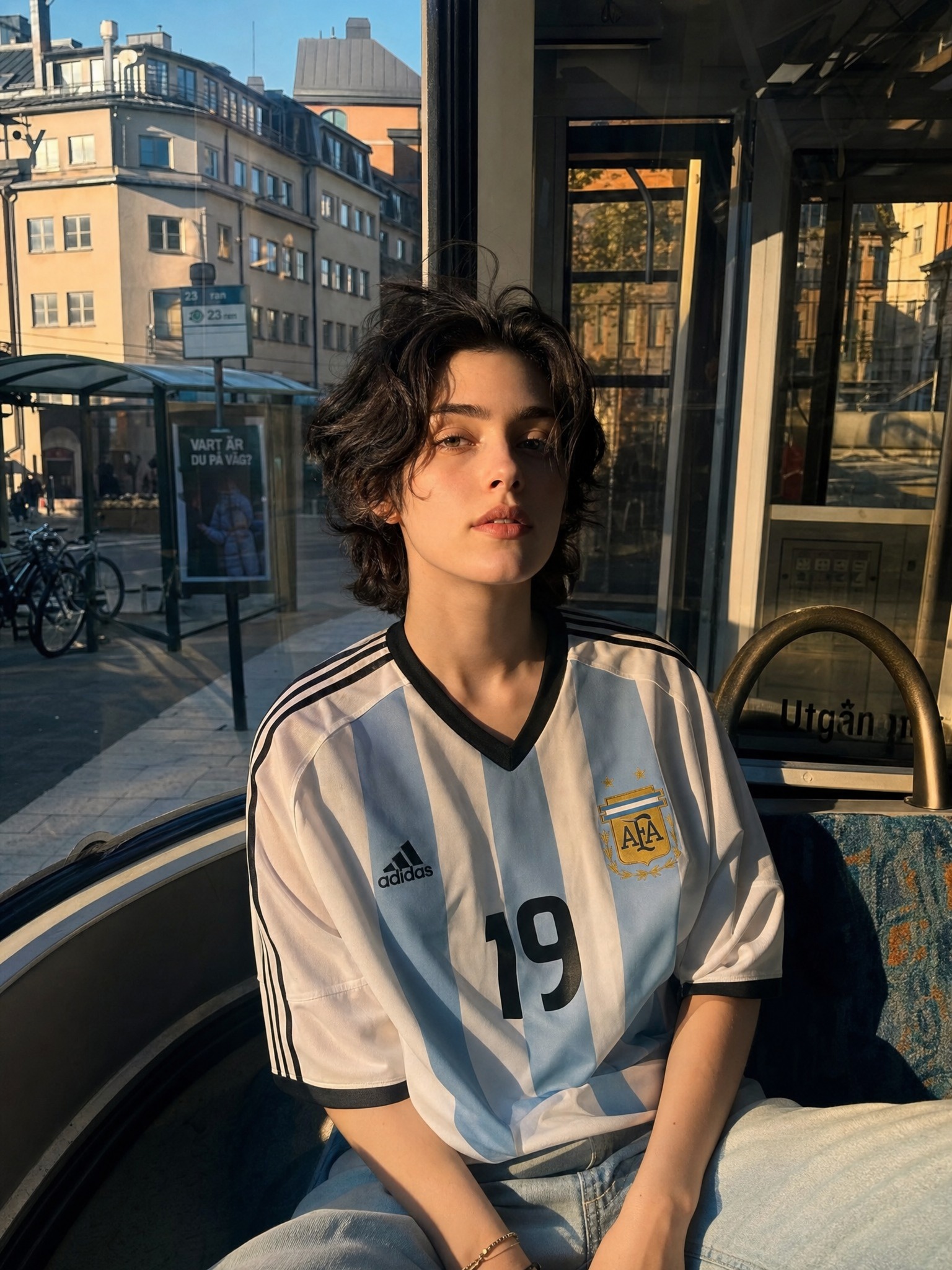 穿阿根廷球衣的年轻人城市公交街拍 / Argentina Jersey Urban Bus Golden Hour Portrait,人像与摄影,35mm、人像、电影感,案例输出图 1