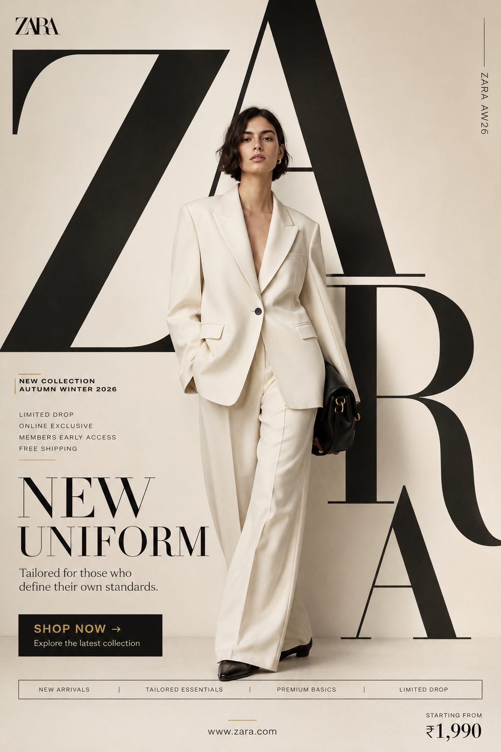ZARA时尚平面宣传海报排版设计 / Zara New Uniform Premium Fashion Smm Poster Prompt，模型对比与社区，时尚、海报、UI，案例输出图 1