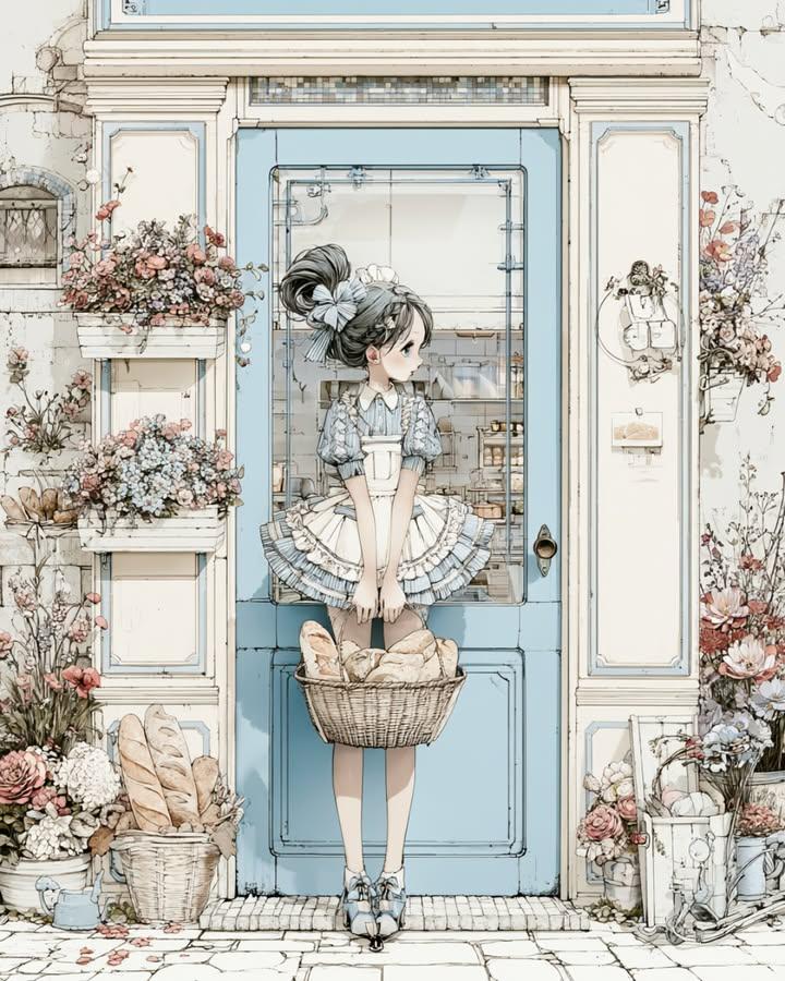 舒适复古面包店外观动漫少女插画 / Cozy Vintage Bakery Exterior Anime Illustration，角色设计，插画、角色、二次元，案例输出图 1
