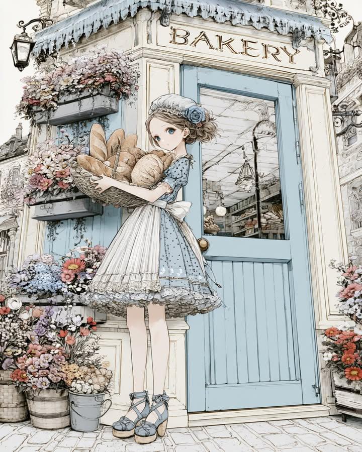 舒适复古面包店外观动漫少女插画 / Cozy Vintage Bakery Exterior Anime Illustration，角色设计，插画、角色、二次元，案例输出图 2