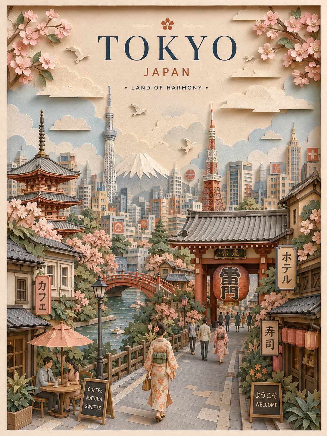 优雅3D分层剪纸风格城市旅行海报 / Elegant 3d Layered Papercut City Travel Poster,海报与插画,海报、插画、城市视觉,案例输出图 1
