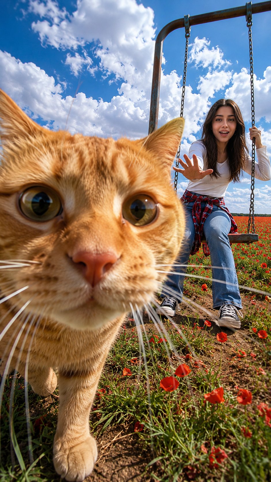 猫咪抢镜的夏日花田秋千写实摄影 / Cat Photobombing Woman On Swing Flower Field,角色设计,角色、二次元、品牌,案例输出图 1