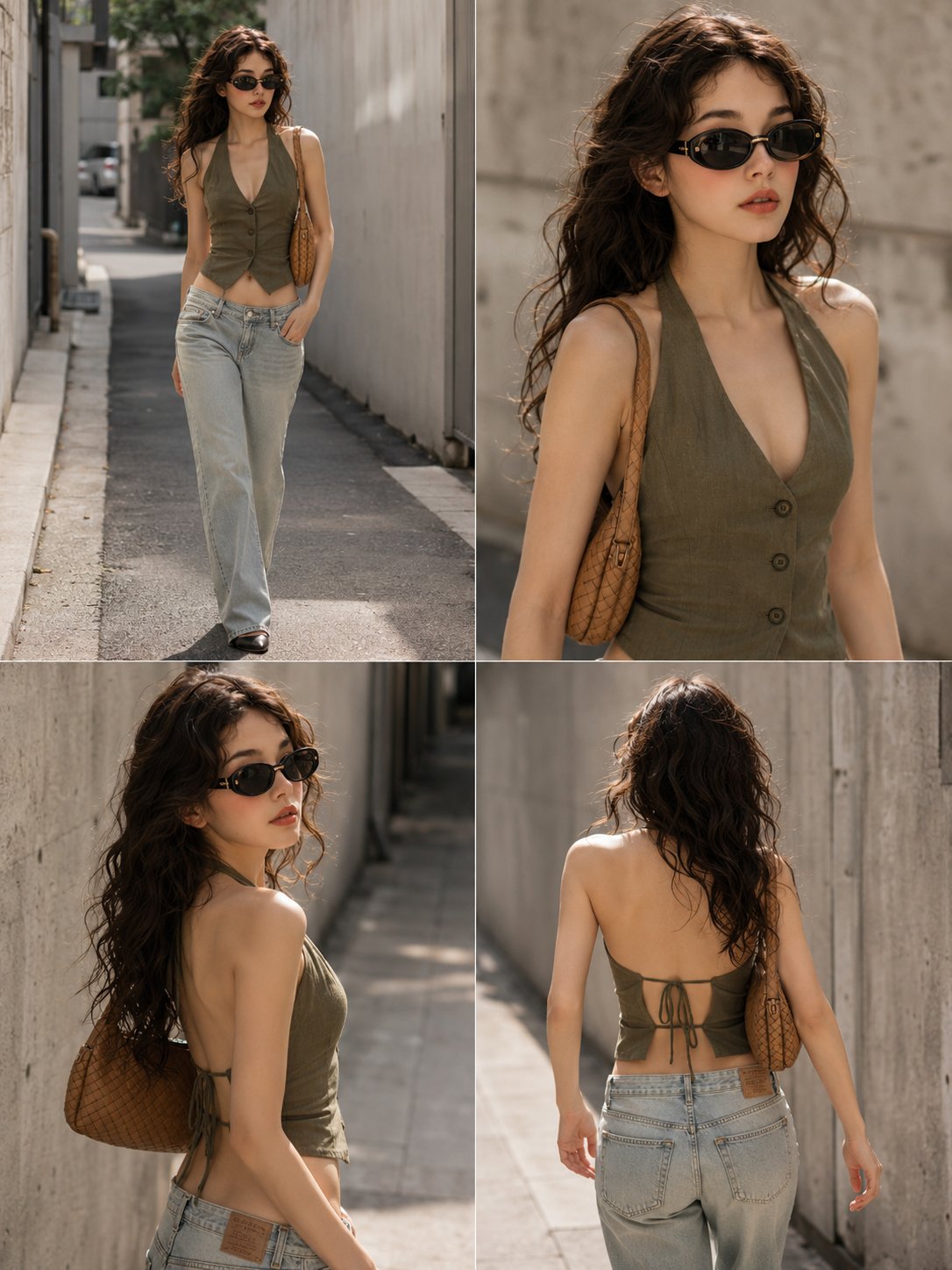 韩国街头时尚写真橄榄绿露背装牛仔裤 / Korean Street Fashion Olive Green Backless Top Denim,角色设计,人像、时尚、角色,案例输出图 1