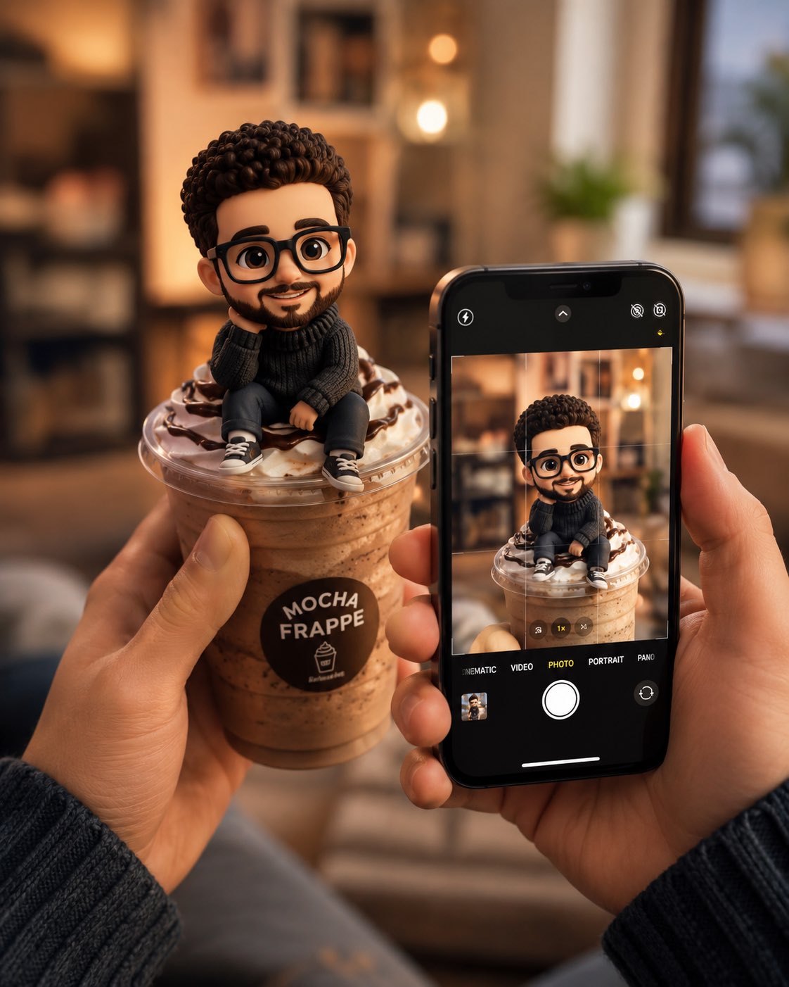 坐在摩卡冰沙杯上的Q版男孩3D渲染 / Miniature Chibi Boy Mocha Frappe 3d Render，角色设计，角色、二次元、角色设计，案例输出图 1
