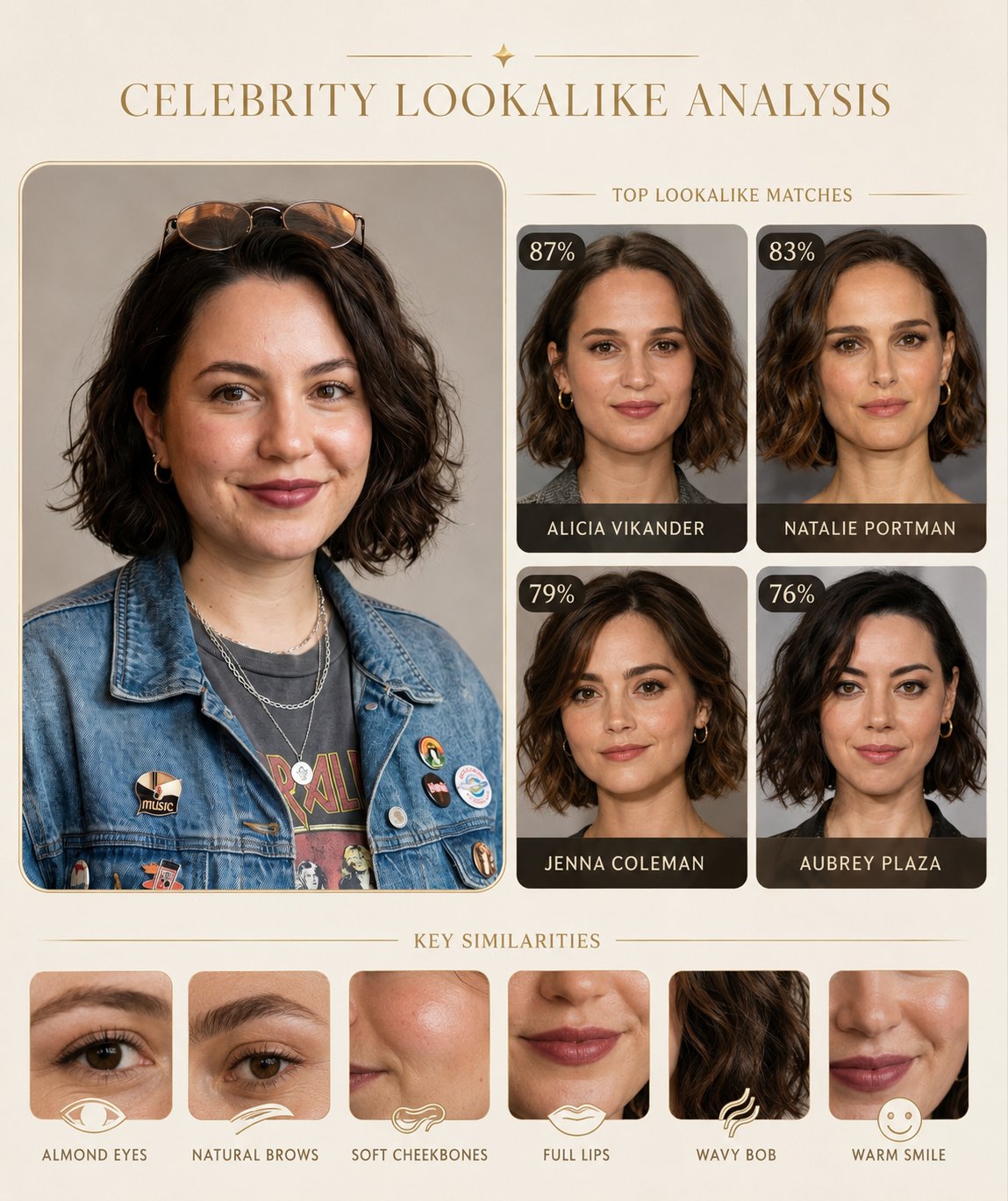 高端名人相似脸型分析图 / Premium Celebrity Lookalike Analysis Graphic,模型对比与社区,人像、极简、对比实验,案例输出图 1