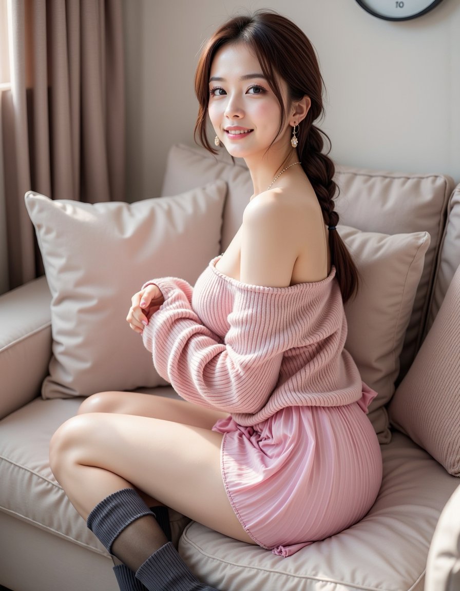 沙发上的娇俏少女粉色百褶裙与露肩毛衣 / Playful Woman Plush Couch Pink Skirt Oversized Sweater，海报与插画，海报、插画、海报与插画，案例输出图 2