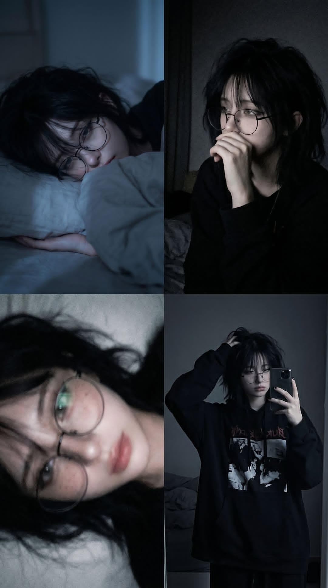 忧郁氛围黑发眼镜少年卧室胶片拼贴 / Moody Young Person Bedroom Photo Collage,人像与摄影,35mm、人像、电影感,案例输出图 1