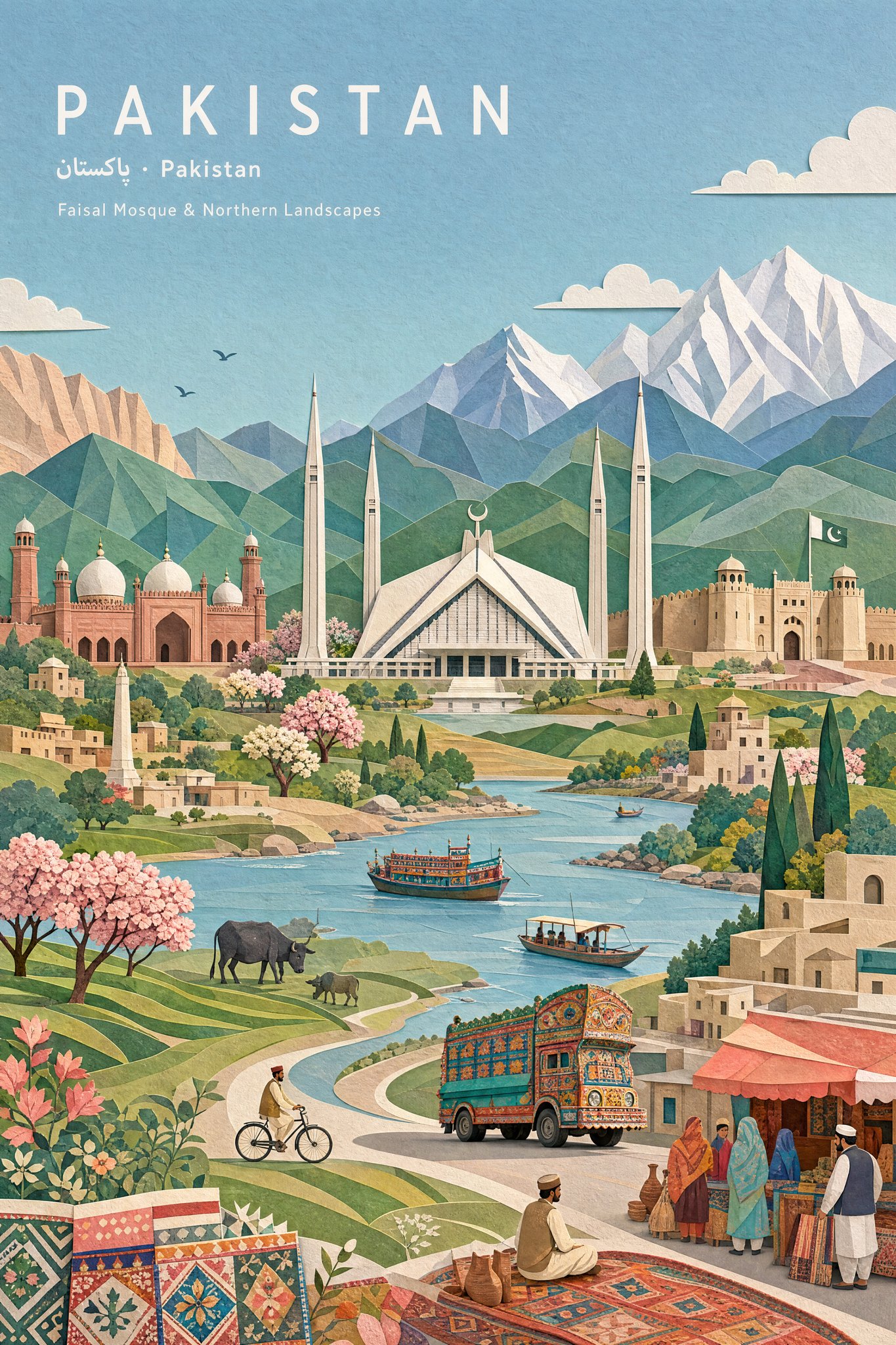 柔和粉彩纸拼贴风格巴基斯坦风景插画 / Pastel Paper Collage Pakistan Landscape Prompt,人像与摄影,霓虹、人像、时尚,案例输出图 1