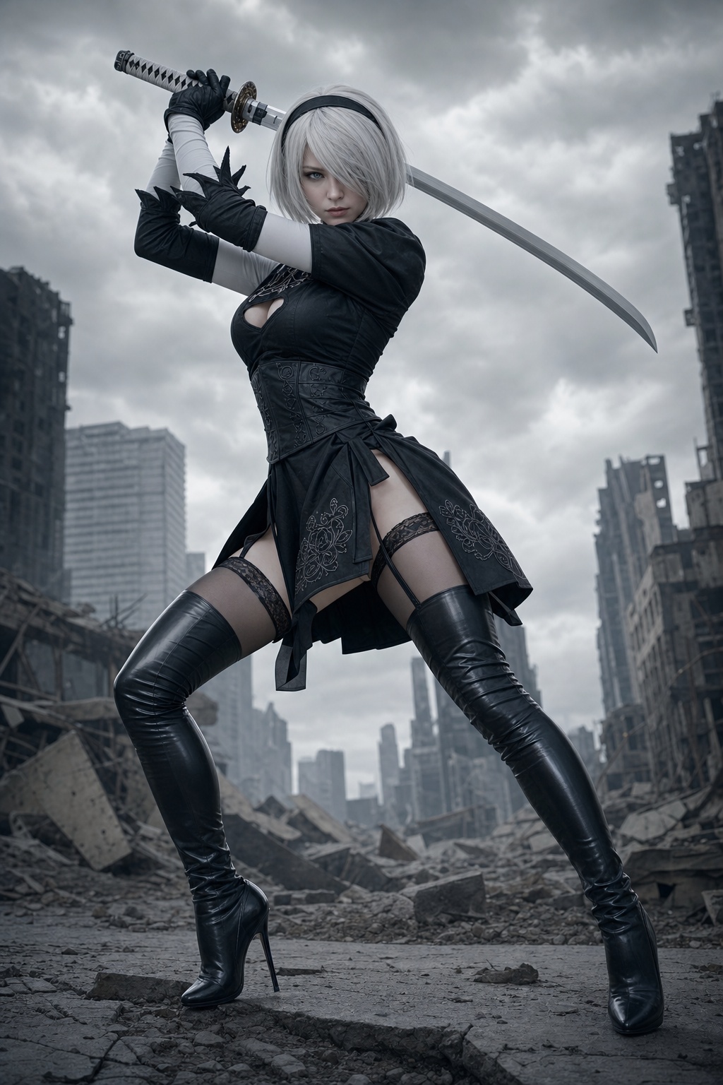 极度甜美日系偶像脸2B废墟战斗姿态 / Sweet Japanese Idol Face 2b Battle Pose Ruined City,人像与摄影,人像、电影感、角色,案例输出图 1