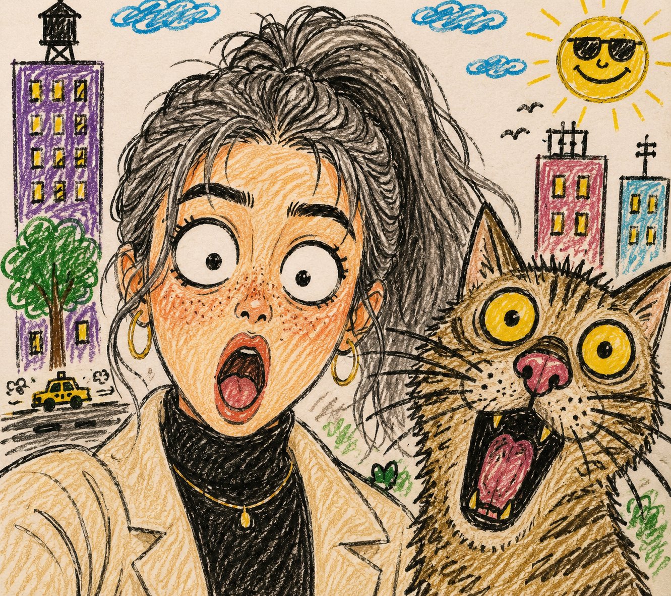 惊讶女孩与搞怪猫咪自拍蜡笔插画 / Funny Crayon Sketch Woman Shocked Cat Selfie,人像与摄影,人像、插画、城市视觉,案例输出图 1