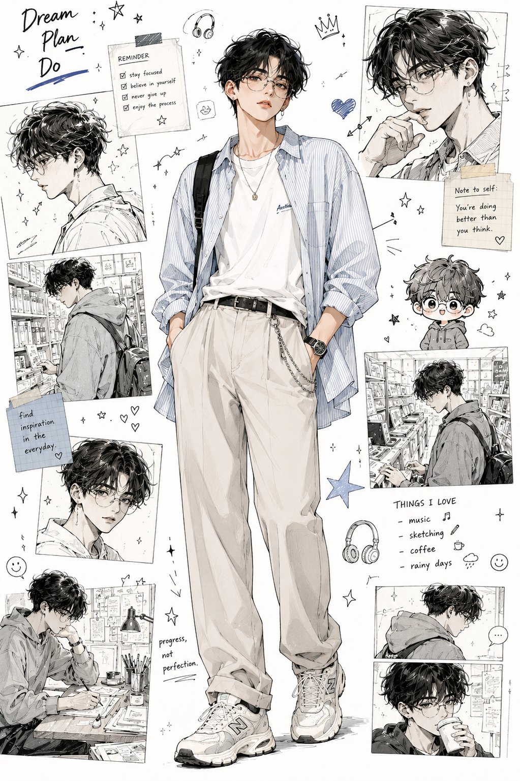 韩系少年动漫时尚情绪板设计 / Semi Realistic Anime Korean Boy Moodboard,角色设计,时尚、插画、角色,案例输出图 1