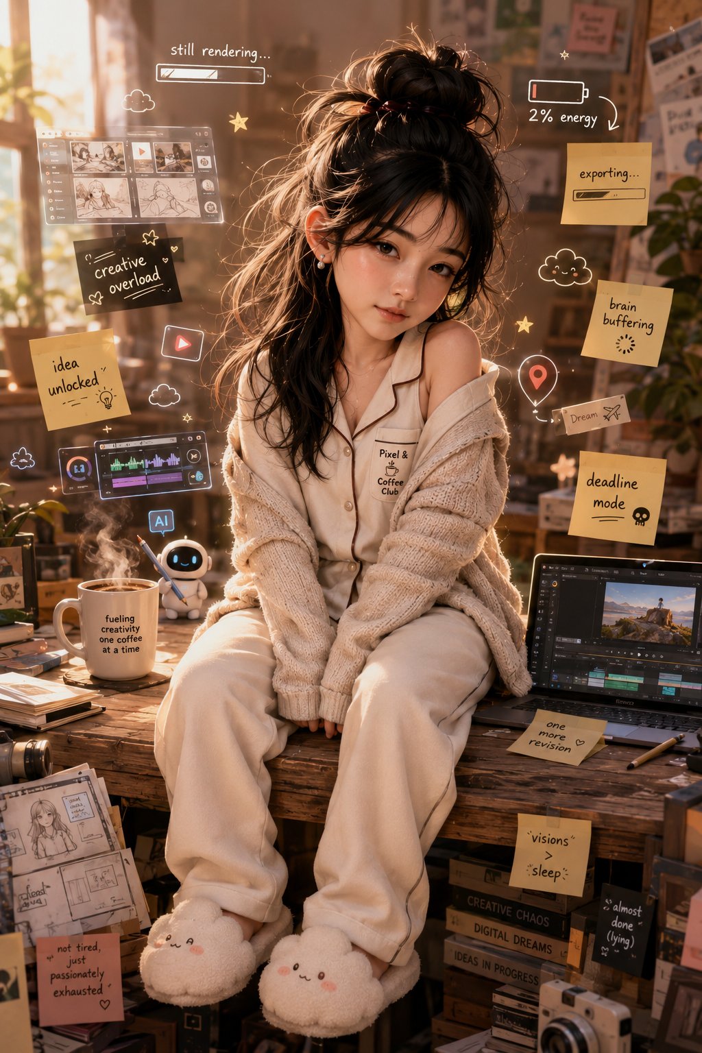 疲惫而天才的3D版Q萌数字创作员 / 3d Chibi Exhausted Digital Creator Portrait,角色设计,35mm、人像、电影感,案例输出图 1