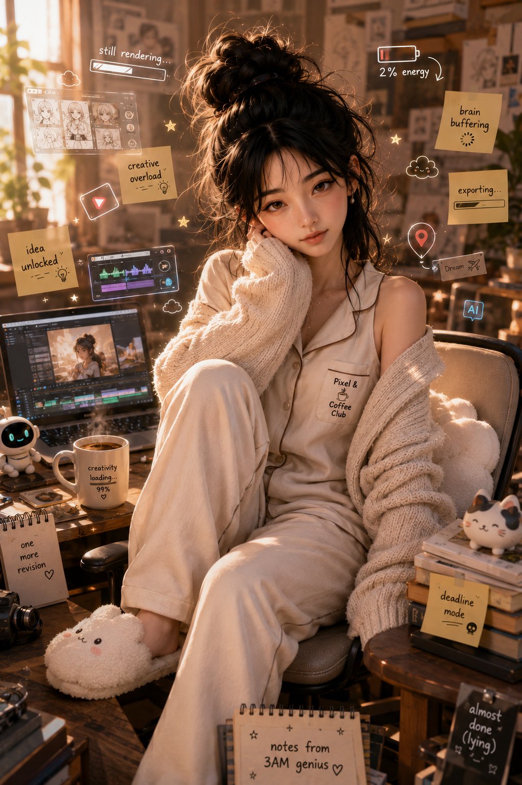 疲惫而天才的3D版Q萌数字创作员 / 3d Chibi Exhausted Digital Creator Portrait，角色设计，35mm、人像、电影感，案例输出图 2