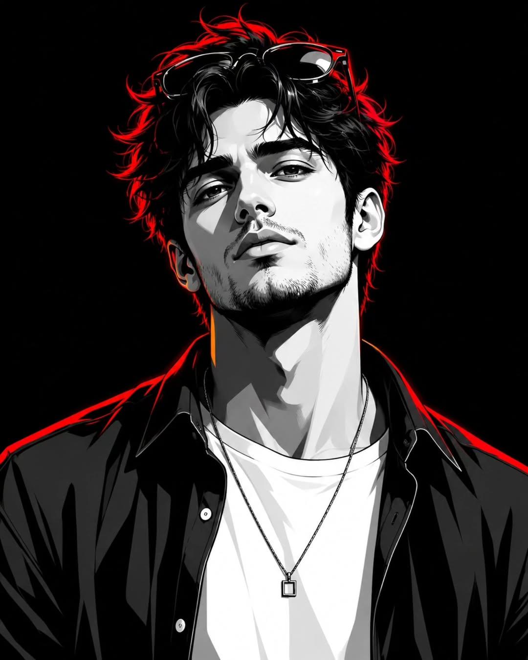 红色霓虹边缘光黑白风格肖像插画 / Stylized Monochrome Portrait Red Neon Rim Lighting,角色设计,霓虹、人像、电影感,案例输出图 1