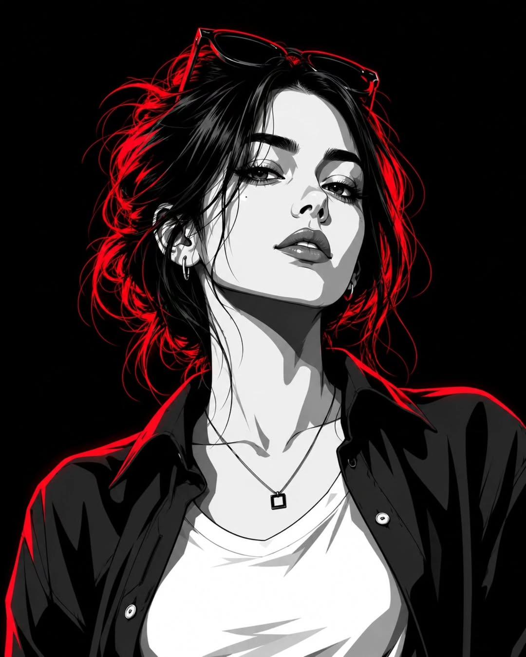 红色霓虹边缘光黑白风格肖像插画 / Stylized Monochrome Portrait Red Neon Rim Lighting，角色设计，霓虹、人像、电影感，案例输出图 2