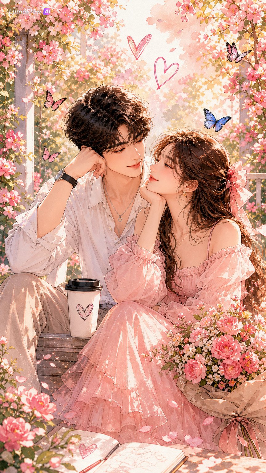浪漫韩系情侣春日花园水彩时尚插画 / Korean Couple Spring Garden Watercolor Fashion Illustration,人像与摄影,人像、时尚、插画,案例输出图 1