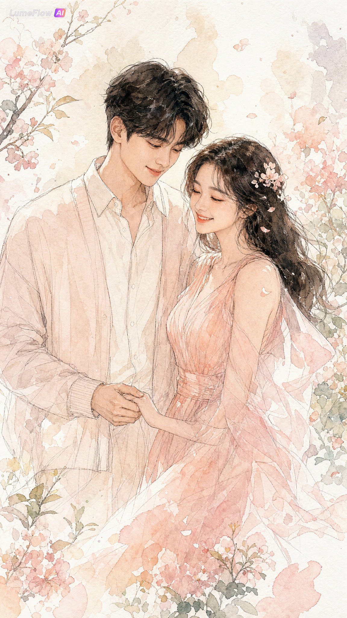 浪漫韩系情侣春日花园水彩时尚插画 / Korean Couple Spring Garden Watercolor Fashion Illustration，人像与摄影，人像、时尚、插画，案例输出图 2