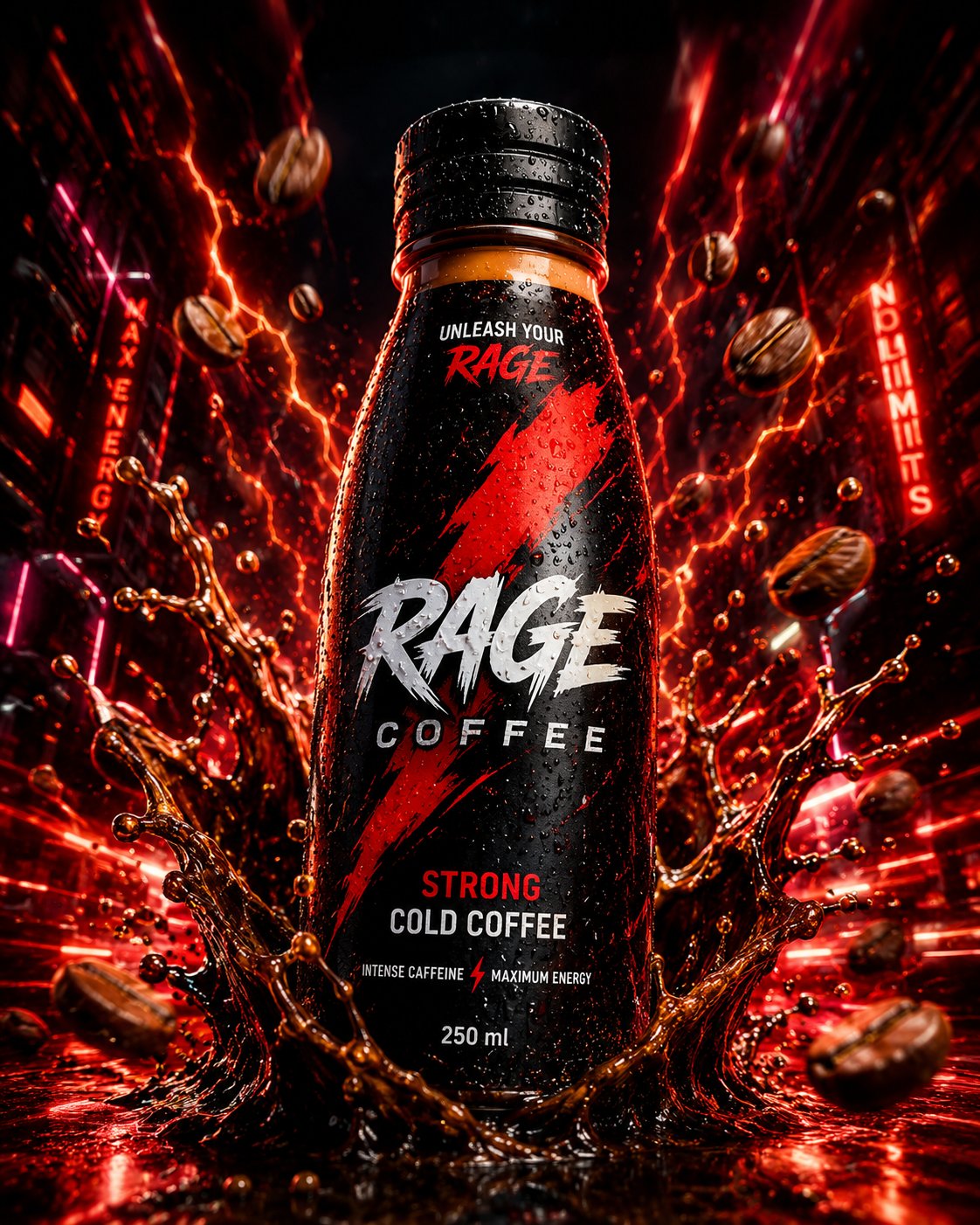 雀巢与Rage咖啡奢侈商业广告摄影提示词 / Nescafe Vs Rage Coffee Luxury Advertising Prompts，模型对比与社区，霓虹、电影感、产品图，案例输出图 2