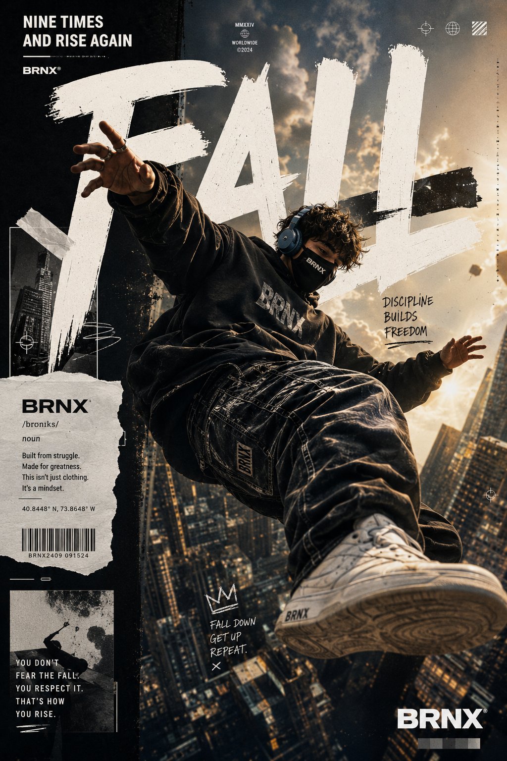 街头奢侈时尚海报未来感城市人像 / Premium Streetwear Fashion Poster Futuristic Urban Skyline,UI 与社交媒体截图,35mm、人像、电影感,案例输出图 1