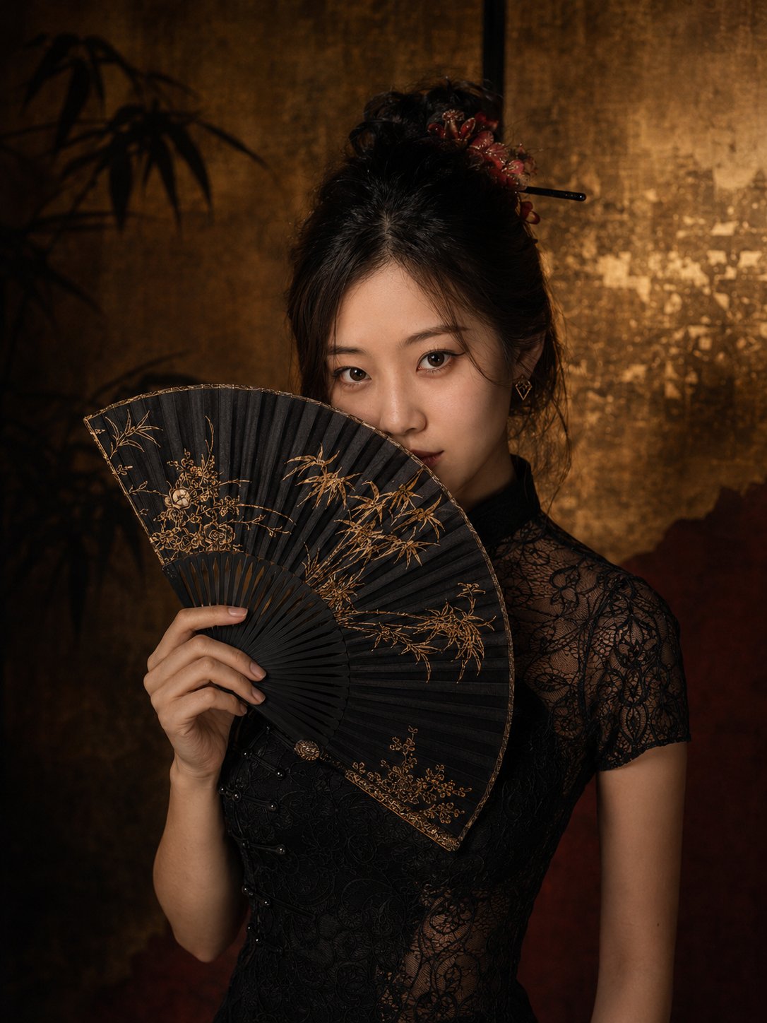 暗黑系新中式黑金东方美学写真 / Dark New Chinese Black Gold Oriental Aesthetic Photography，角色设计，人像、电影感、时尚，案例输出图 2
