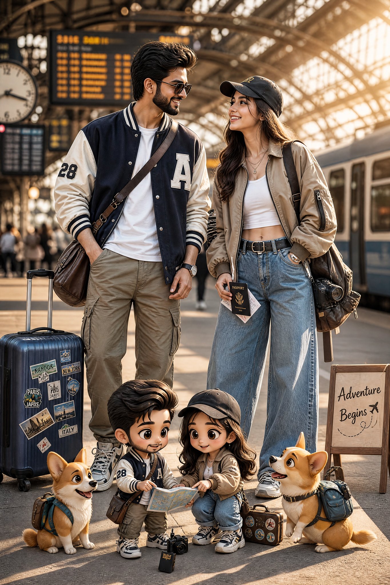 火车站时尚情侣与微缩卡通伴侣 / Ultra Realistic Fashion Couple Train Station Miniature Adventure,角色设计,35mm、人像、电影感,案例输出图 1