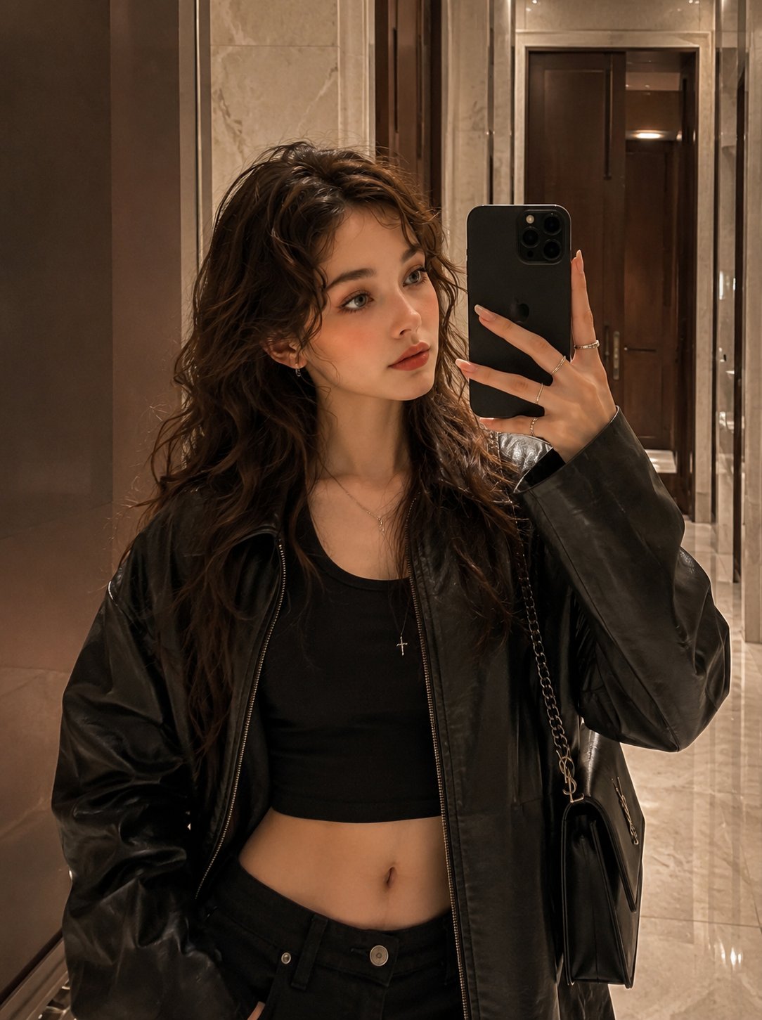 韩国时尚博主豪华酒店镜前自拍 / Korean Luxury Influencer Hotel Mirror Selfie Portrait,角色设计,人像、电影感、时尚,案例输出图 1