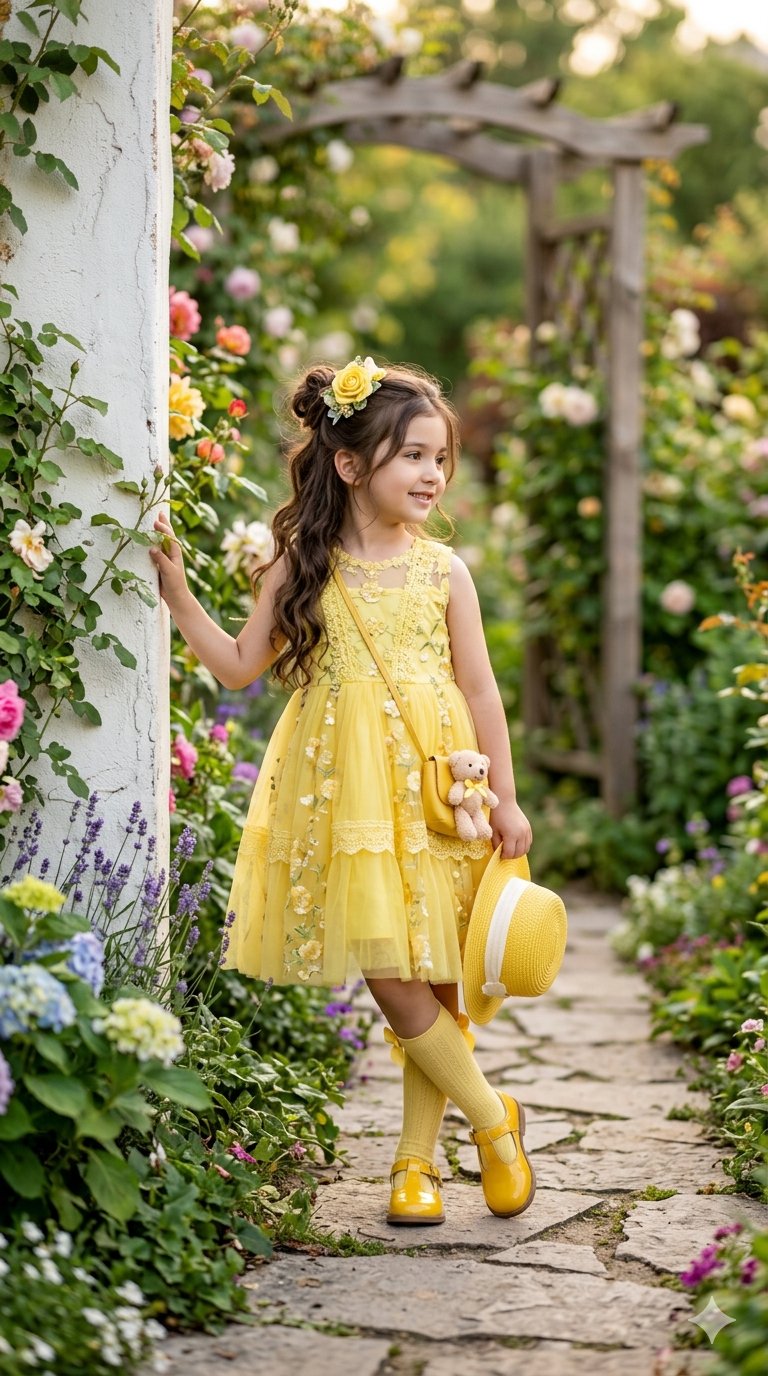 黄色裙装女孩花园写实肖像 / Little Girl Yellow Dress Garden Portrait,人像与摄影,人像、时尚、竖版,案例输出图 1