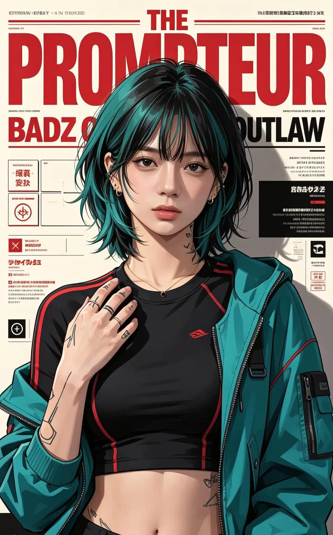 赛博朋克风时尚杂志封面女性插画 / Cyberpunk Fashion Magazine Cover Anime Illustration,角色设计,人像、电影感、时尚,案例输出图 1