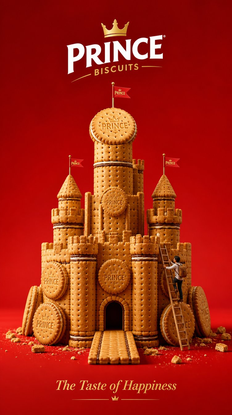 王子饼干极简奢华3D广告海报 / Prince Biscuits Minimalist Luxury 3d Ad Poster，角色设计，电影感、时尚、海报，案例输出图 1