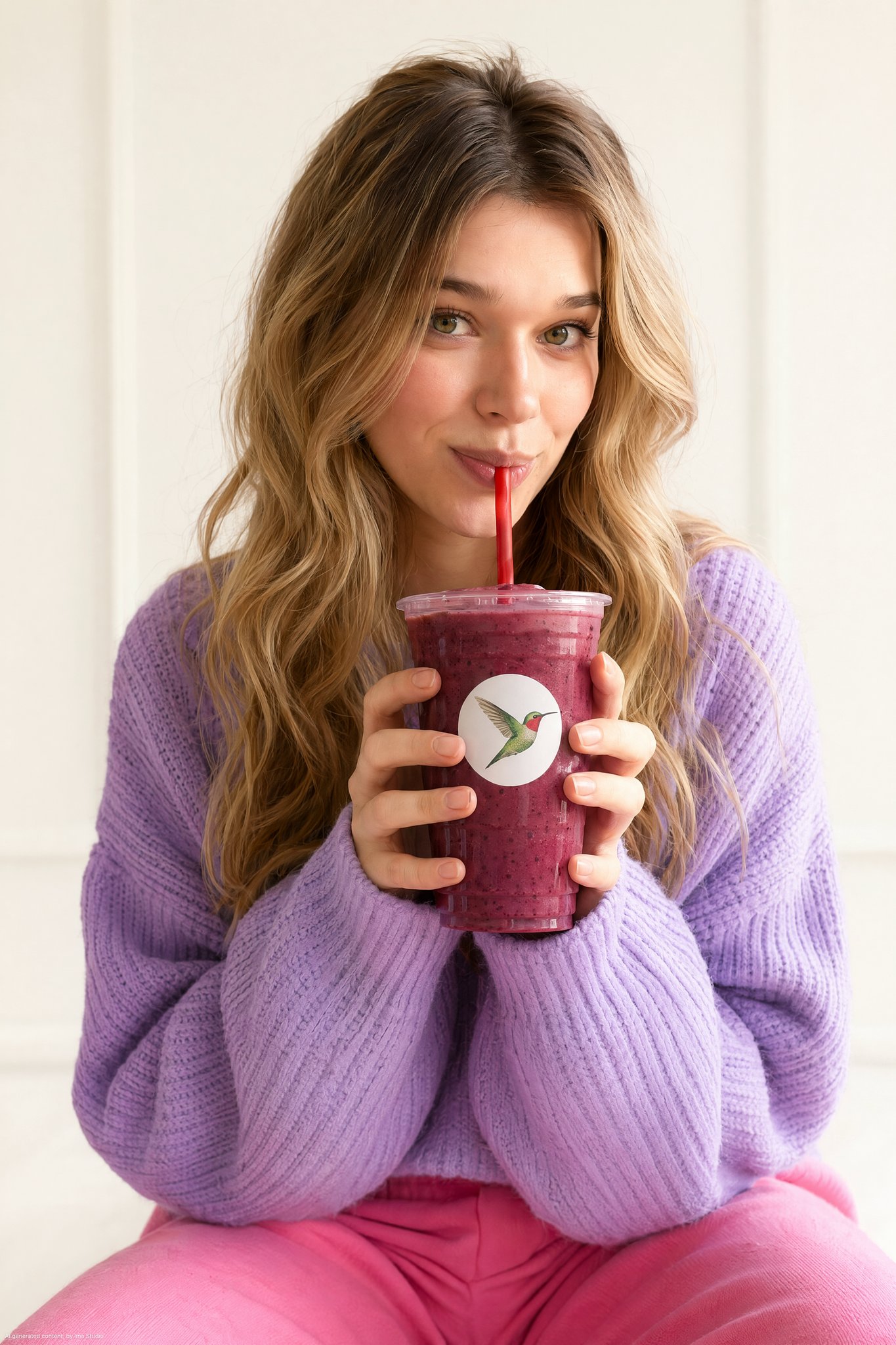 金发女孩喝莓果奶昔商业人像摄影 / Young Woman Berry Smoothie Studio Portrait,人像与摄影,人像、产品图、品牌,案例输出图 1
