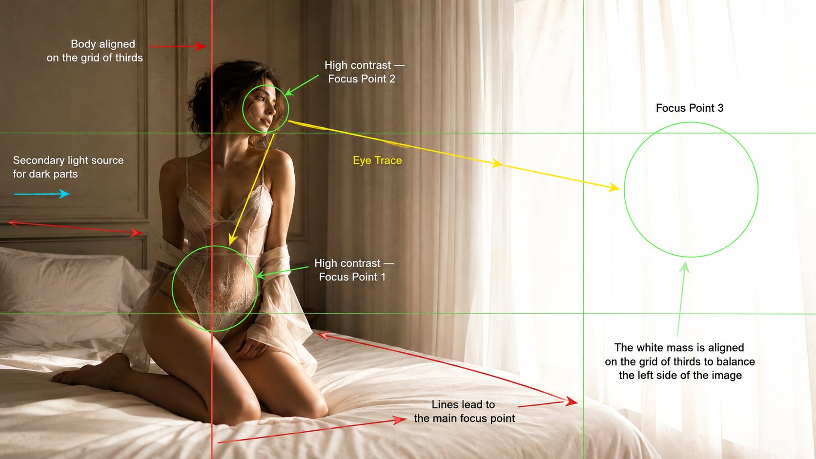 简约卧室电影感时尚大片构图分析 / Cinematic Fashion Editorial Composition Analysis Minimal Bedroom,人像与摄影,35mm、人像、电影感,案例输出图 1