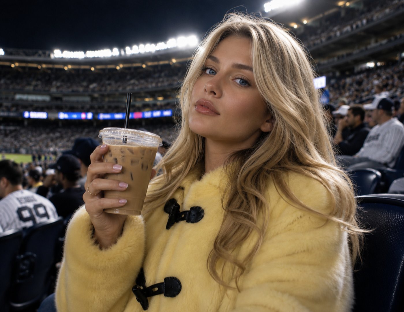 黄色皮草大衣金发女子棒球场夜景特写 / Young Woman Yellow Faux Fur Coat Baseball Stadium Night，人像与摄影，人像、电影感、人像与摄影，案例输出图 1