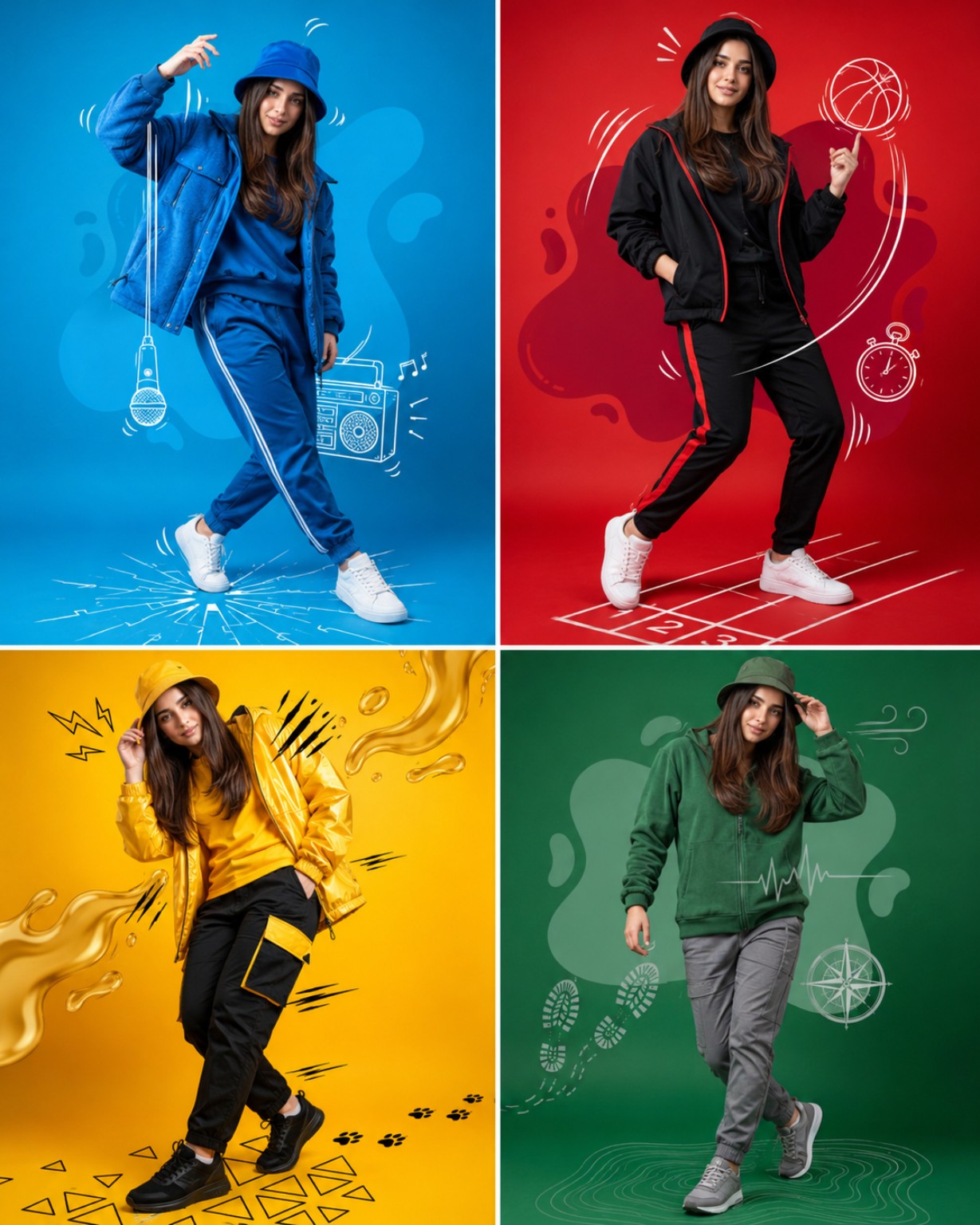 高端运动时尚街头分屏海报 / High End Sportswear Fashion Poster Grid，角色设计，电影感、时尚、海报，案例输出图 1