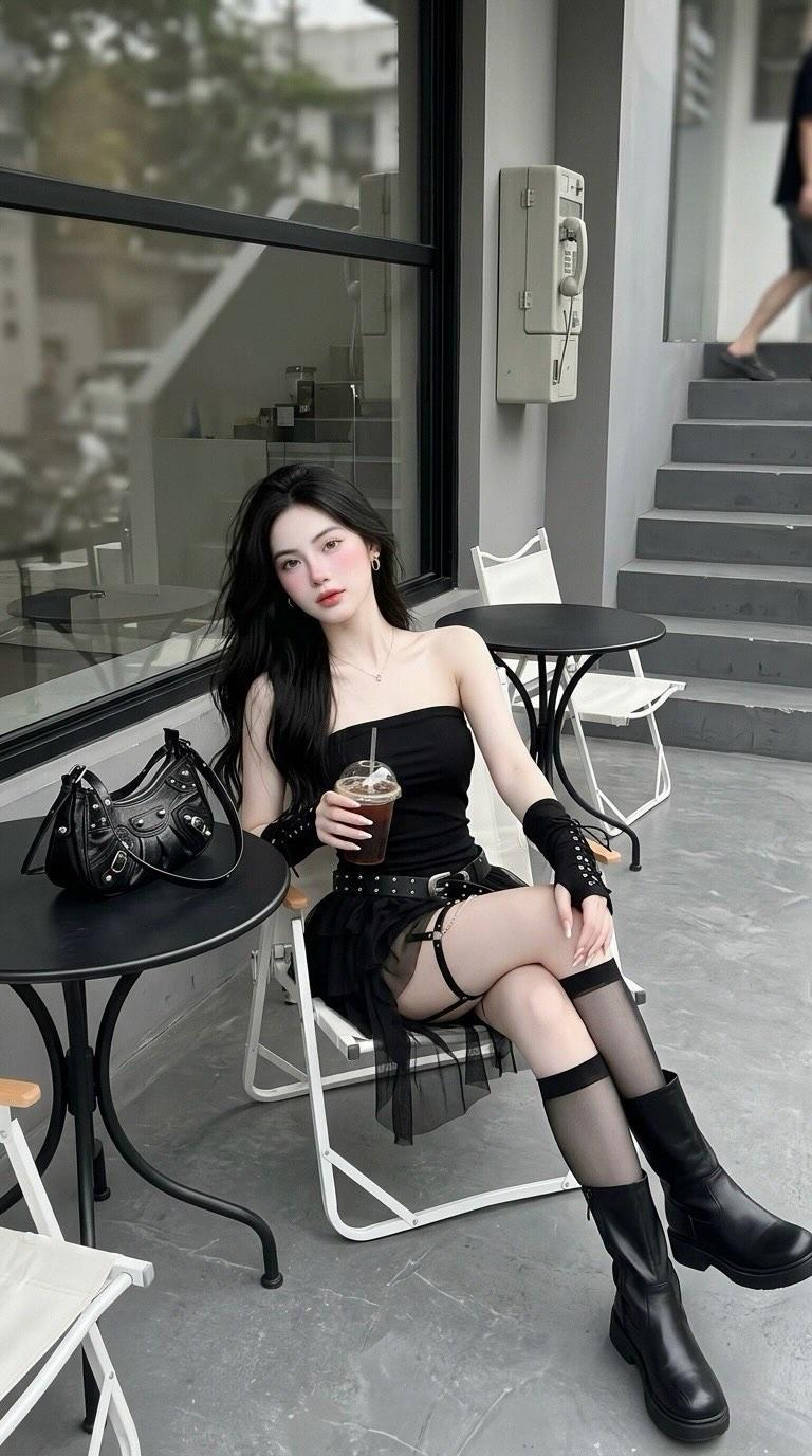 极简咖啡馆黑裙少女全身街拍 / Young Woman Minimalist Cafe Black Dress,人像与摄影,35mm、人像、时尚,案例输出图 1