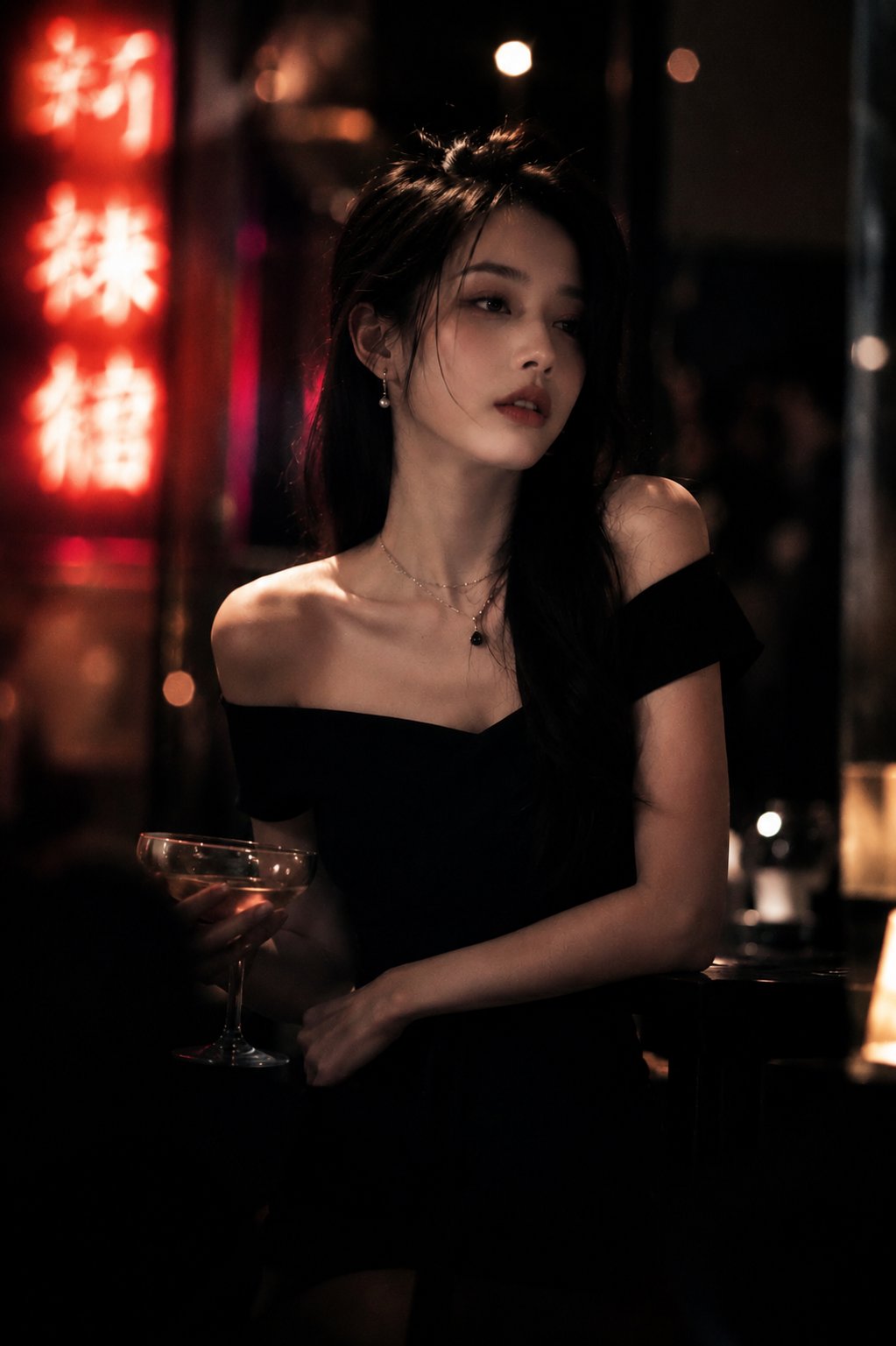 酒吧独坐的黑发露肩礼服美女电影感人像 / Cinematic Portrait Woman Luxury Bar Black Dress,角色设计,霓虹、人像、电影感,案例输出图 1
