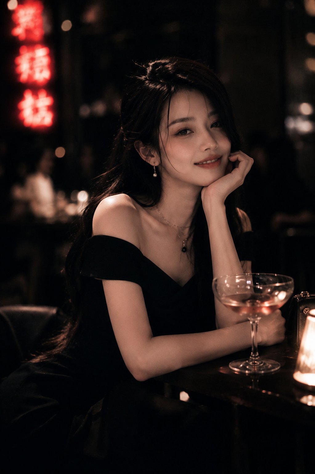 酒吧独坐的黑发露肩礼服美女电影感人像 / Cinematic Portrait Woman Luxury Bar Black Dress，角色设计，霓虹、人像、电影感，案例输出图 2