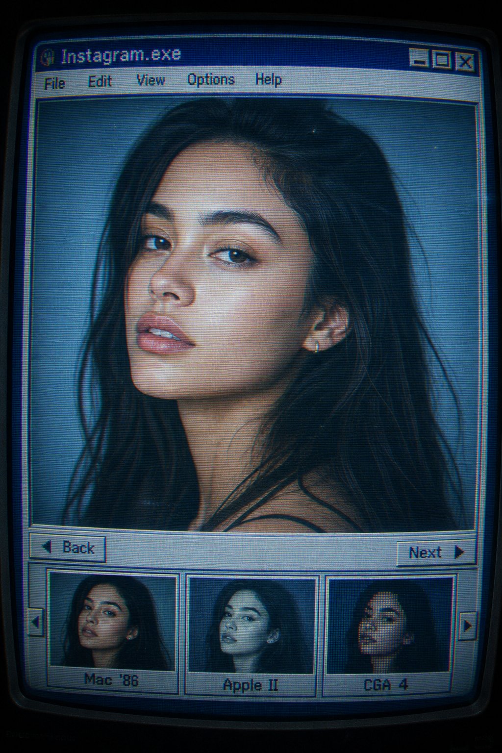 复古90年代CRT界面超写实人像 / Retro 90s Crt Interface Ultra Realistic Portrait，UI 与社交媒体截图，35mm、人像、时尚，案例输出图 1