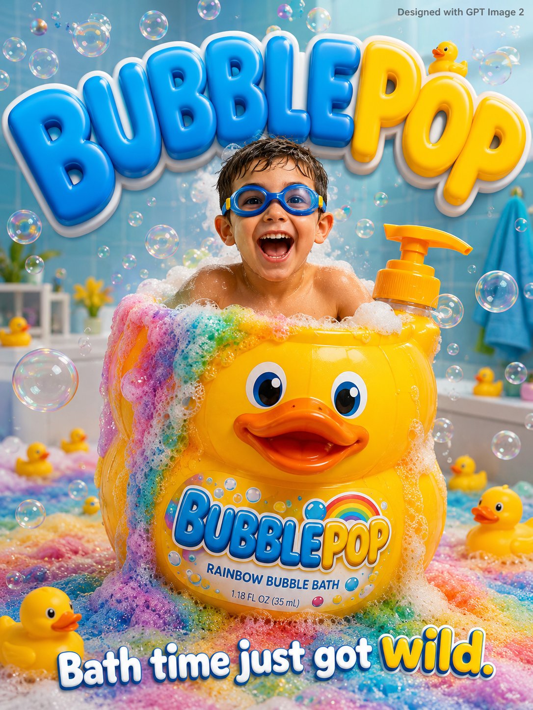 趣味彩虹泡泡浴儿童广告海报 / Bubblepop Kids Bath Advertisement Poster,人像与摄影,人像、海报、排版,案例输出图 1