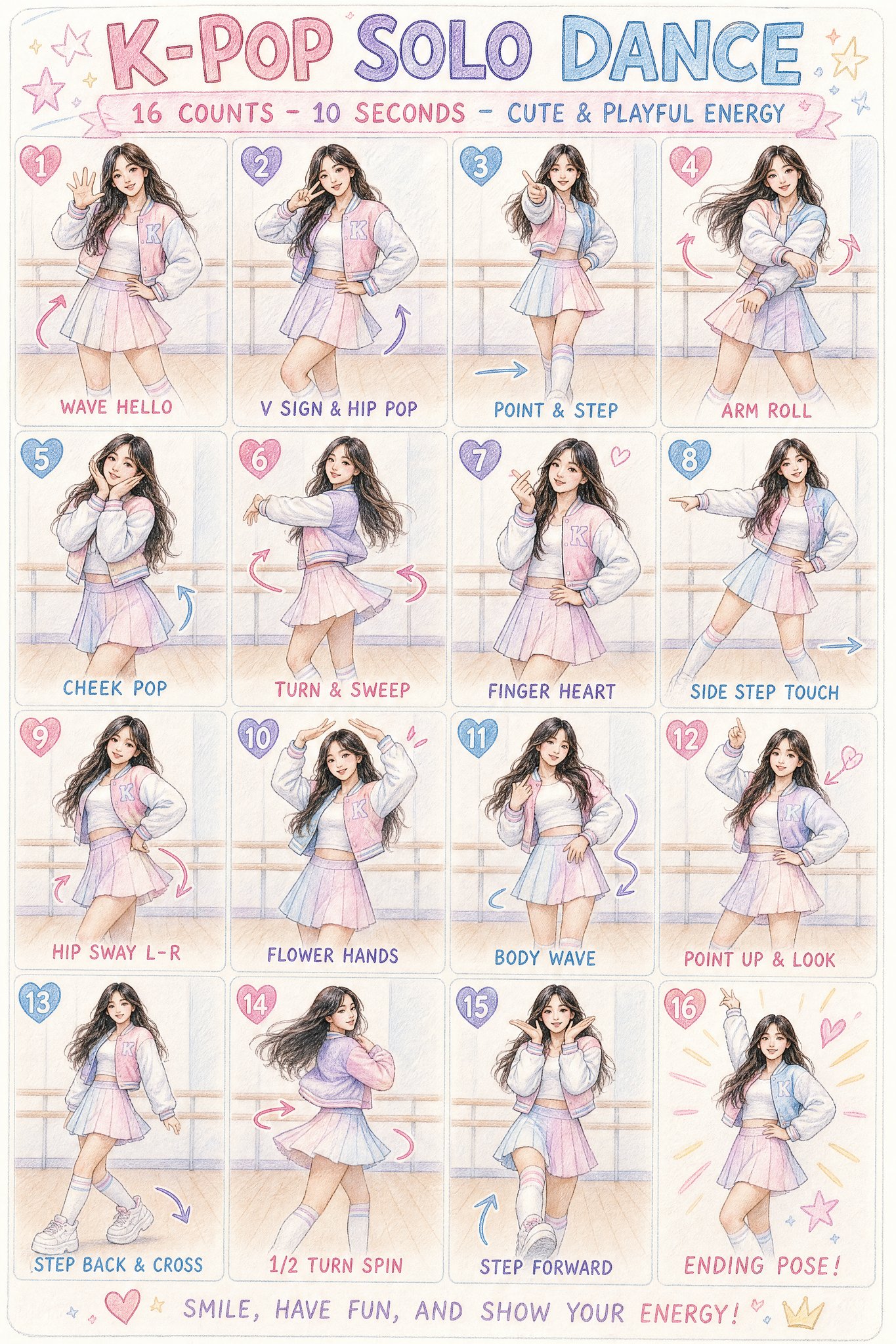 彩色铅笔绘Kpop独舞编舞海报 / K Pop Solo Dance Choreography Sketch Infographic，海报与插画，时尚、海报、插画，案例输出图 1