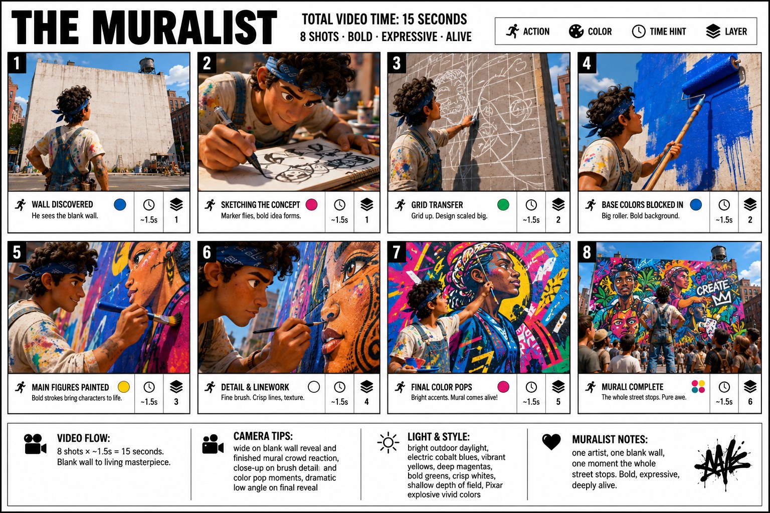 壁画师故事板海报Pixar渲染风格 / The Muralist Infographic Storyboard Pixar Style，模型对比与社区，海报、插画、城市视觉，案例输出图 1