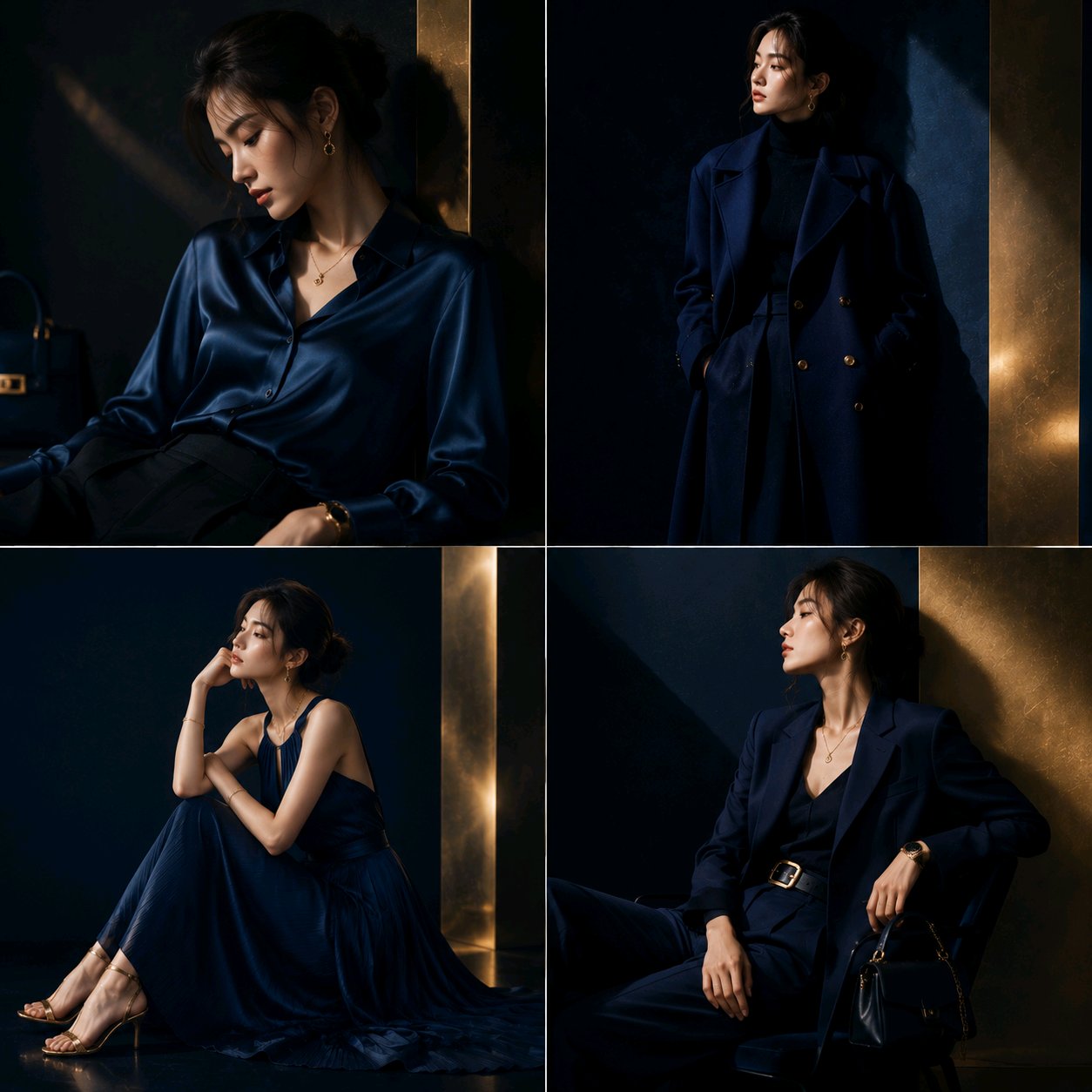 顶级时尚品牌午夜蓝亚洲模特视觉大片 / Luxury Fashion Midnight Blue Asian Model Visuals,人像与摄影,人像、时尚、极简,案例输出图 1