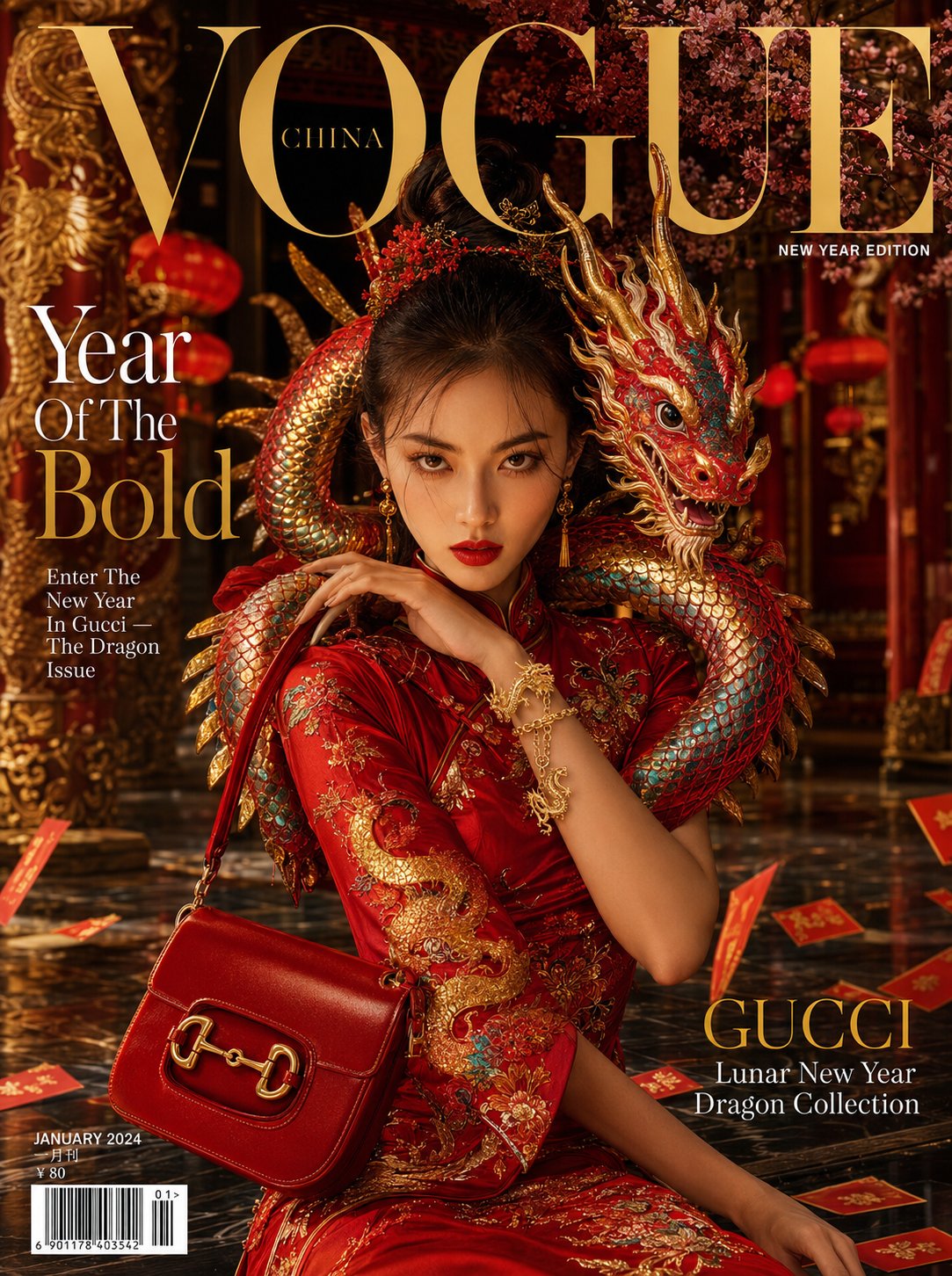 龙年奢华时尚杂志封面红丝绸旗袍幼龙 / Vogue China Gucci Lunar New Year Dragon Editorial,人像与摄影,人像、电影感、时尚,案例输出图 1