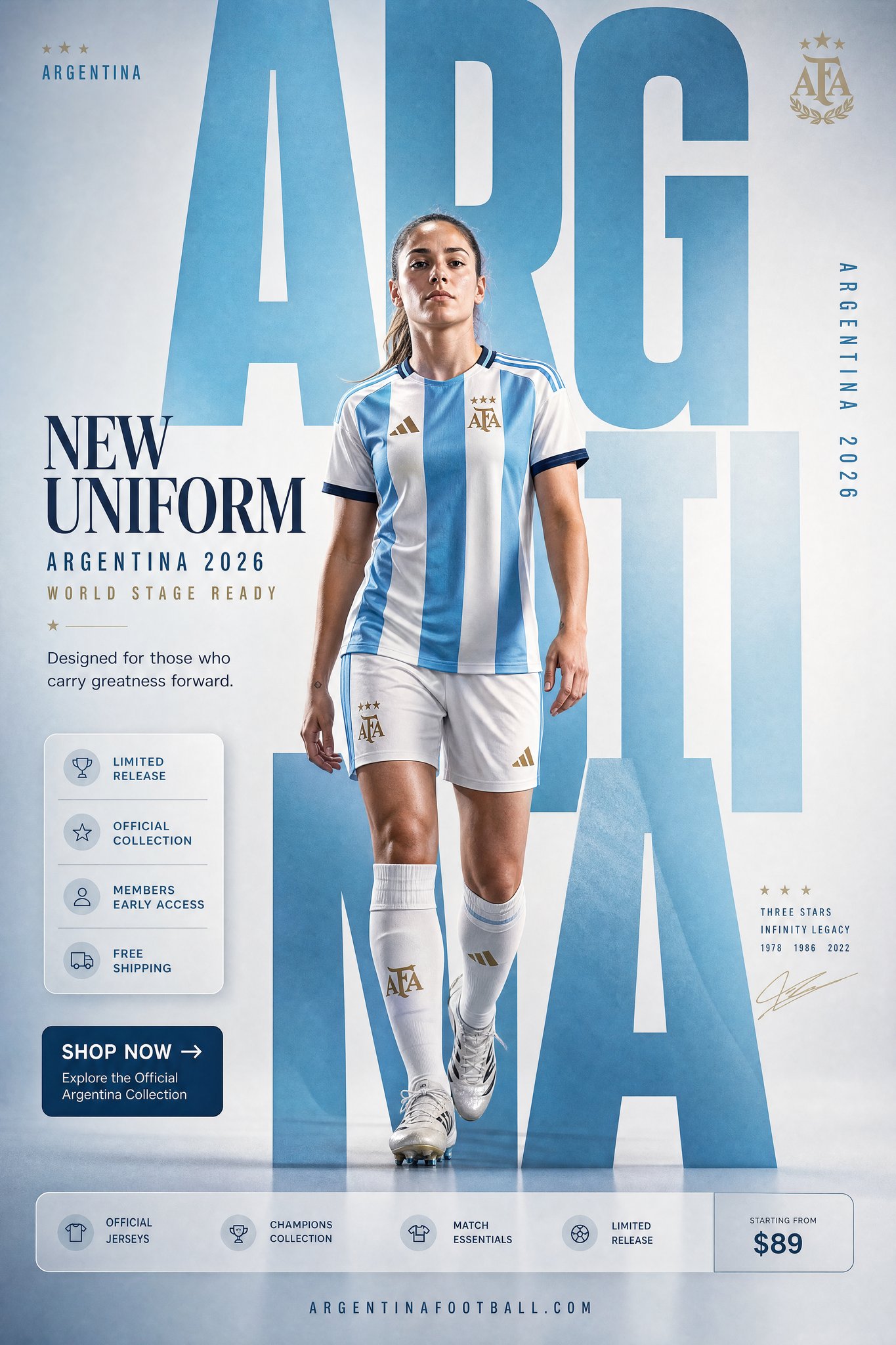 阿根廷国家队新队服超高级时尚海报 / Argentina National Team New Uniform Poster,UI 与社交媒体截图,霓虹、时尚、海报,案例输出图 1