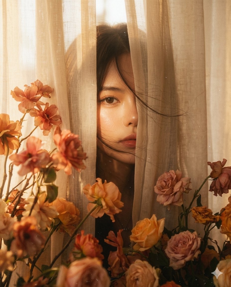 窗帘与花影间的朦胧记忆人像 / Dreamy Hazy Memory Photography Portrait,人像与摄影,35mm、人像、人像与摄影,案例输出图 1