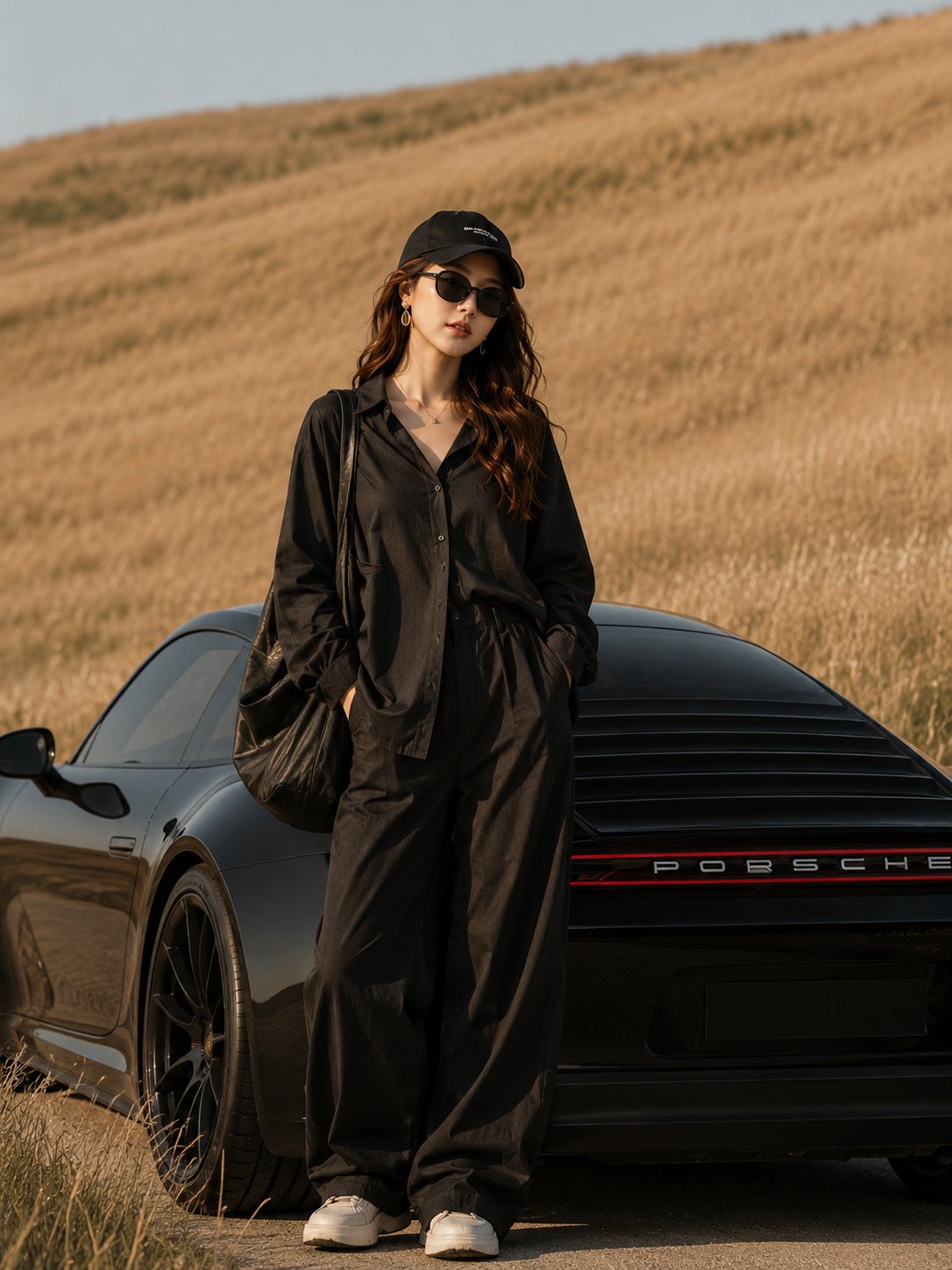 黑色保时捷与时尚女性超写实摄影 / Cinematic Fashion Photography Porsche 911 Golden Hour,人像与摄影,人像、电影感、时尚,案例输出图 1