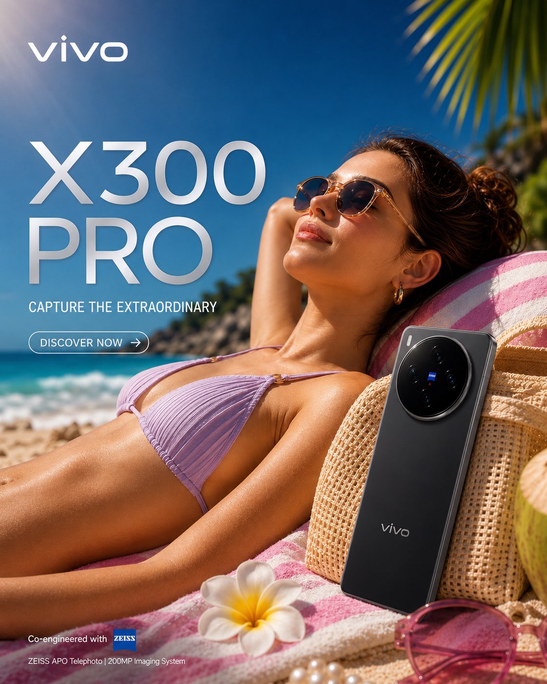 Vivo X300 Pro 奢华夏日海滩宣传海报 / Vivo X300 Pro Luxury Summer Lifestyle Ad Prompt,人像与摄影,人像、电影感、时尚,案例输出图 1